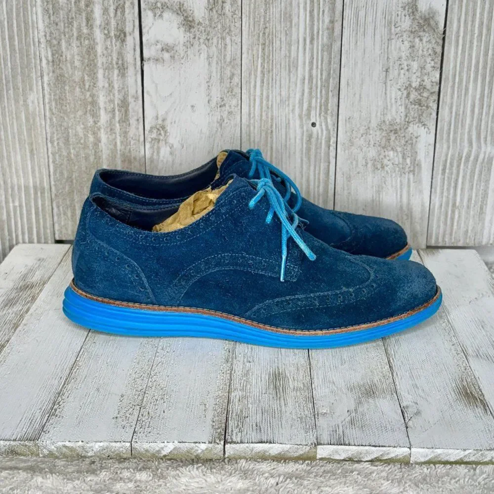 Cole Haan Lunargrand Blue Suede Wing Tip Oxfords Shoes Size 7 B